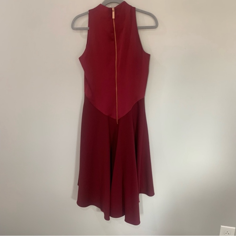 Ted Baker Dress Kandal Midi High Low Fit and Flare in Burgundy - Picture 4 of 12
